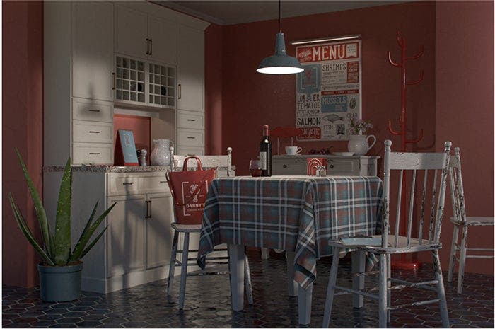 The interior of Anna's fictional bistro uses realistic light and shadow effects from Dimension.