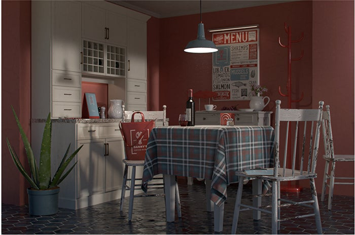 The interior of Anna's fictional bistro uses realistic light and shadow effects from Dimension.