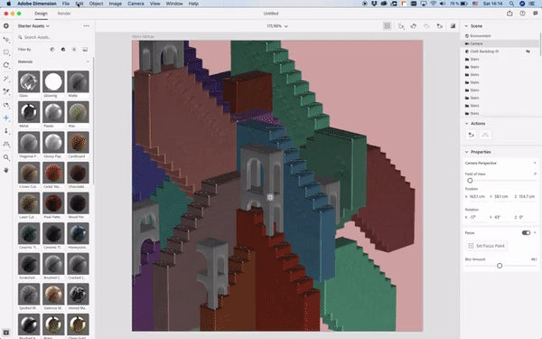 Rendering and exporting multiple views created by camera bookmarks in Adobe Dimension.