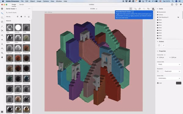 Render previewing colors and light in Adobe Dimension.