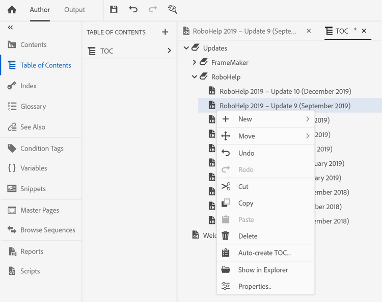 The screenshot shows the Table of Contents Editor with the context menu for a TOC entry in Adobe RoboHelp 2019 (Update 10)