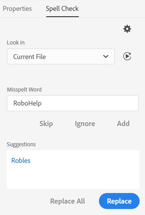 The screenshot shows the Spell Check panel in Adobe RoboHelp 2019 (Update 10)