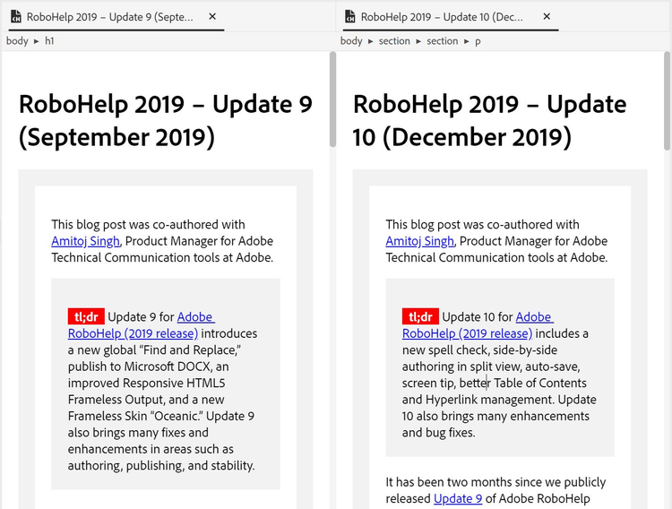 The screenshot shows two open topics in Adobe RoboHelp 2019 (Update 10) arranged side-by-side