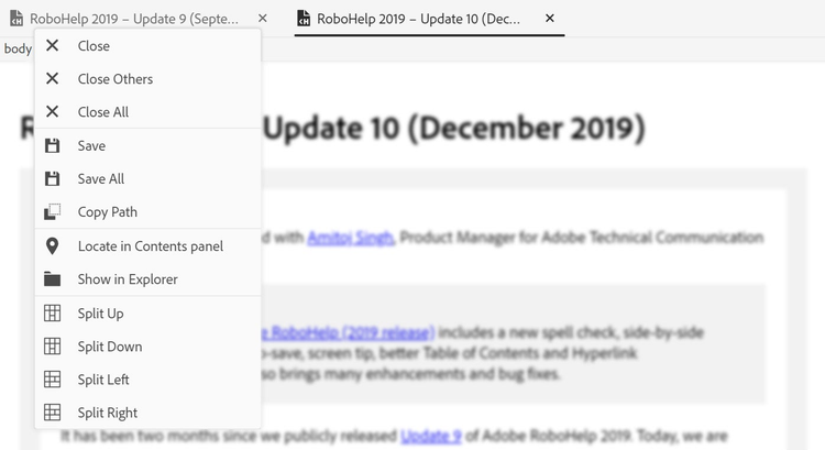 The screenshot shows the enhanced file tabs context menu in Adobe RoboHelp 2019 (Update 10) with new options to split the view for multiple open topics.