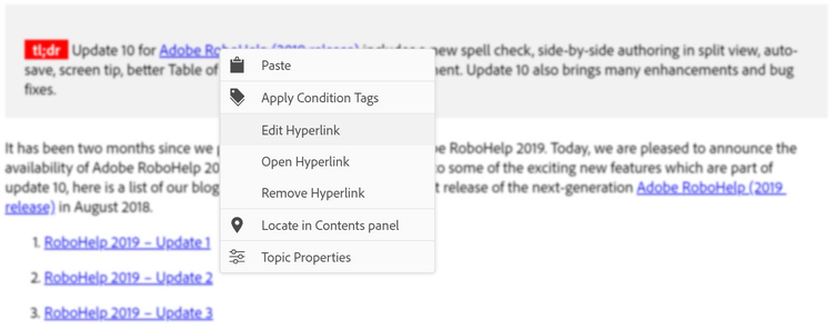 The screenshot shows the context menu for a hyperlink in Adobe RoboHelp 2019 (Update 10)