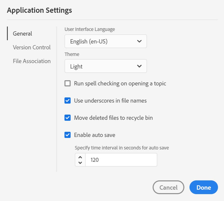 The screenshot shows the Application Settings, Section General, with Auto Save enabled and set to 120 seconds in Adobe RoboHelp 2019 (Update 10)