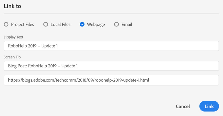 The screenshot shows the Link to dialog for webpage URLS with the new Screen Tip field in Adobe RoboHelp 2019 (Update 10)