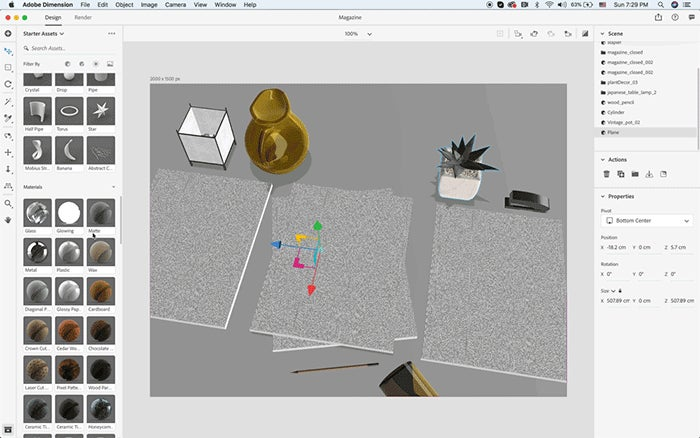 Changing the color of a background plane in an Adobe Dimension scene.