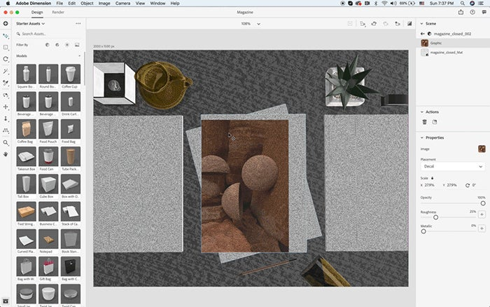 Scaling a .png magazine cover and aligning with the magazine object in Adobe Dimension.