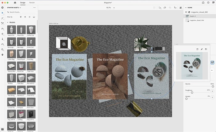 A finished 3D render of the fictional Eco Magazine collection in Adobe Dimension.