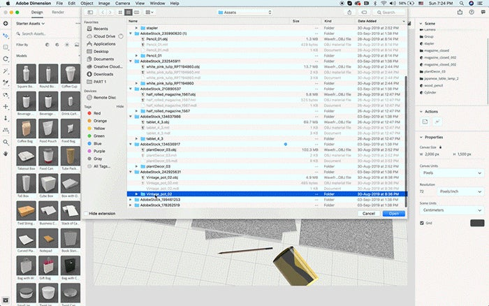 Importing environment objects into a scene in Adobe Dimension.