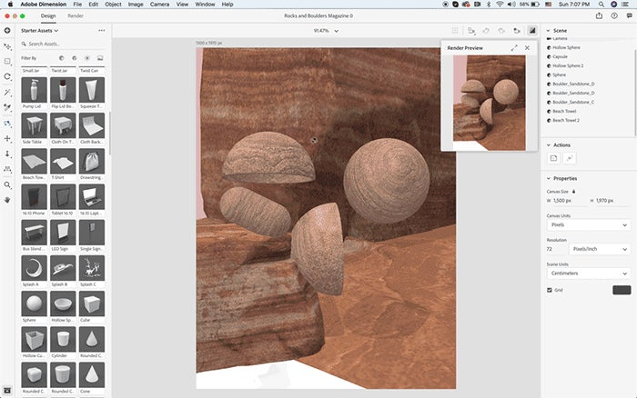 Using the Orbit and Pan Tools to change the view of the scene in Adobe Dimension.