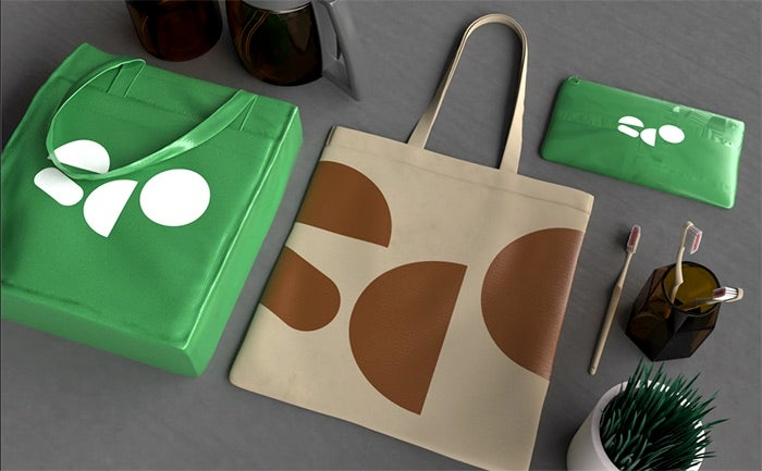 Branded products and merchandise for a fictional eco-friendly brand created in Adobe Dimension.