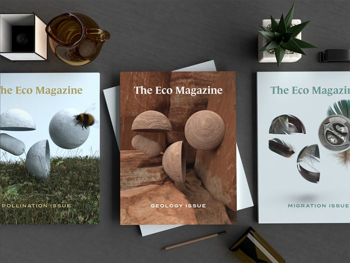3 different 3D magazine cover illustrations for fictional lifestyle brand, The Eco Magazine, designed by Simoul Alva.