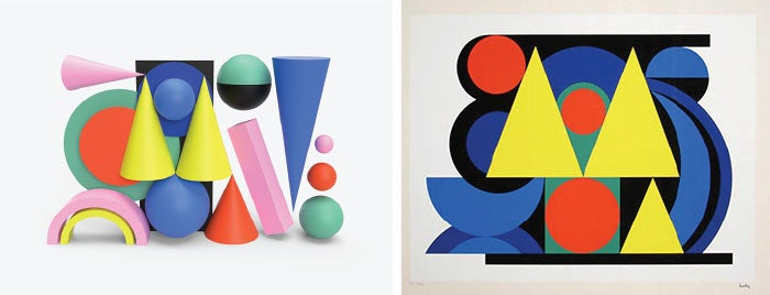 A 3D recreation of Auguste Herbin's Alphabet Plastique II, alongside the original painting.