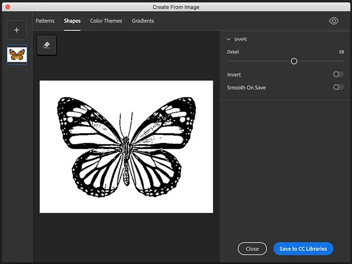 The Adobe Capture Shapes module is used directly in Photoshop via the extension panel to vectorize an image of a butterfly.