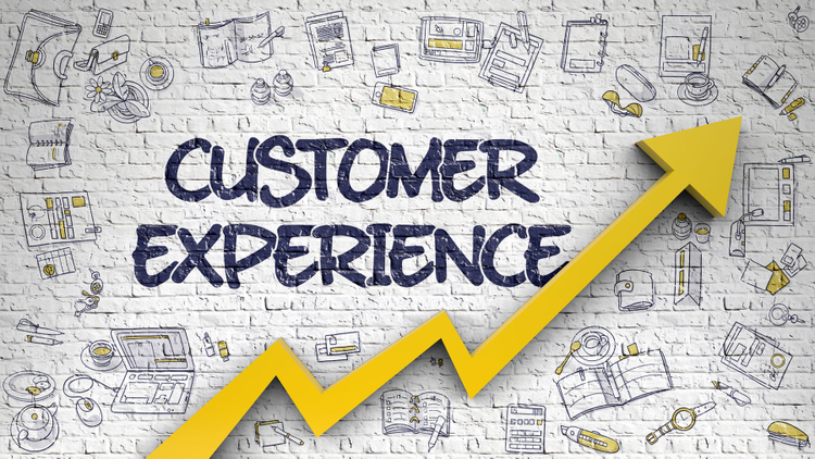 Customer Experience on Modern Style Illustation with yellow arrow.