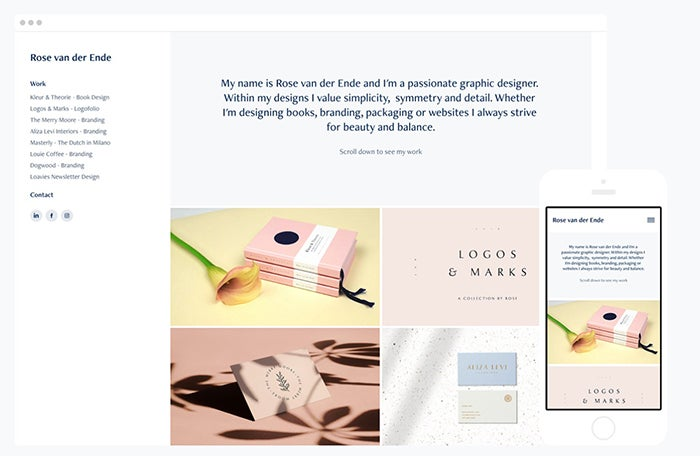 A screenshot of Rose van der Ende's portfolio website created with Adobe Portfolio.