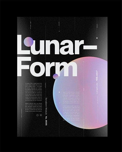 A 2D poster design for Lunar Form that uses 3D orb elements.