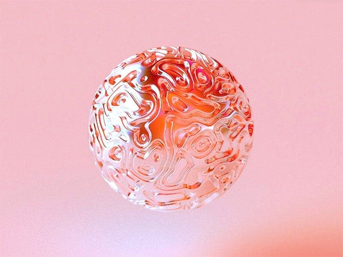 A 3D design of an abstract orb structure against a pink gradient background, created by Jon Vio.