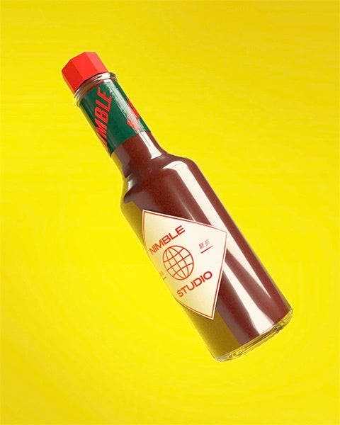 A 3D design of Semplice branded hot sauce against a yellow gradient background, created by Jon Vio.