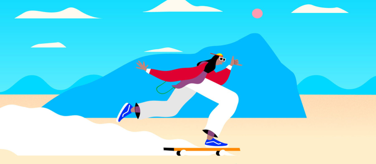 Graphic of man riding skateboard.