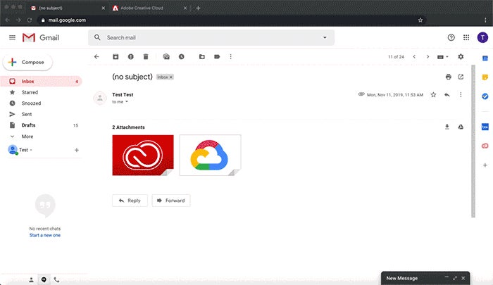 A GIF demonstrating the process of saving assets attached to a Gmail thread directly into a Creative Cloud account.