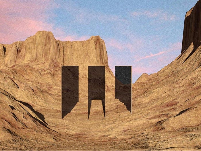 A 3D design of portals in a desert landscape in the daytime leading to an alternate reality of the same world at night.