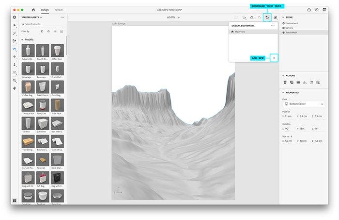 Setting up a camera angle bookmark in Adobe Dimension.