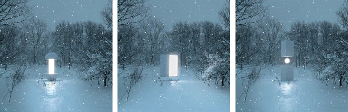 A series of snowy landscapes using geometric shapes and lighting, designed in 3D.