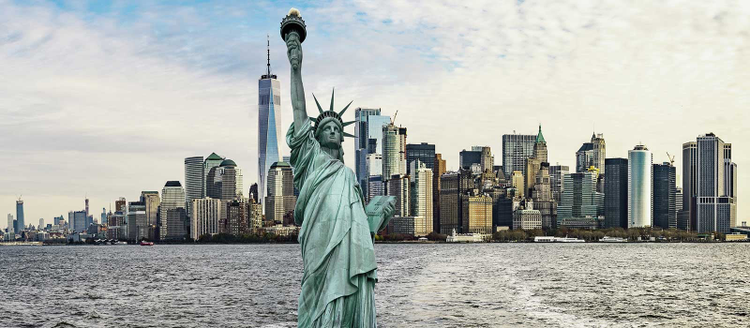 The Statue Of Liberty with Manhattan Downtown Skyline Panorama