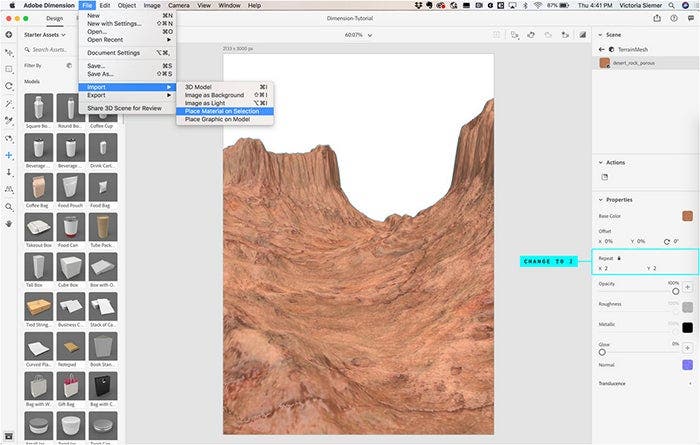 Selecting an object and adding a material to it in Adobe Dimension.