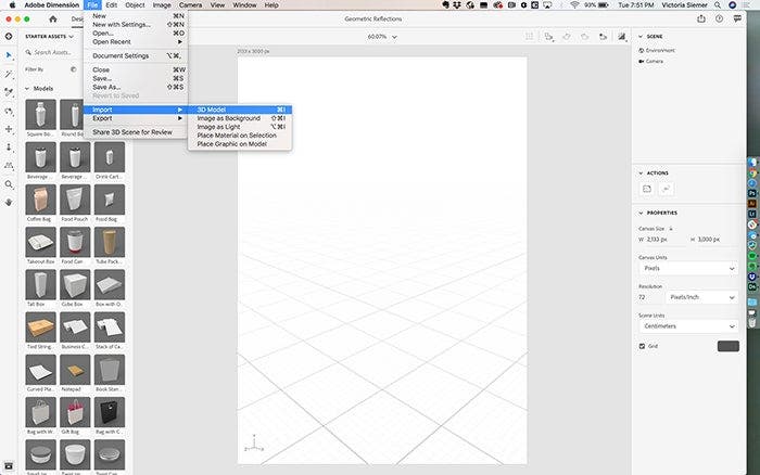 Importing 3D assets into an Adobe Dimension project.