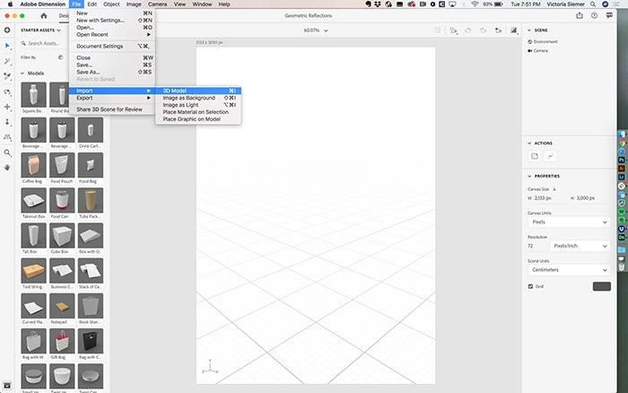 Importing 3D assets into an Adobe Dimension project.