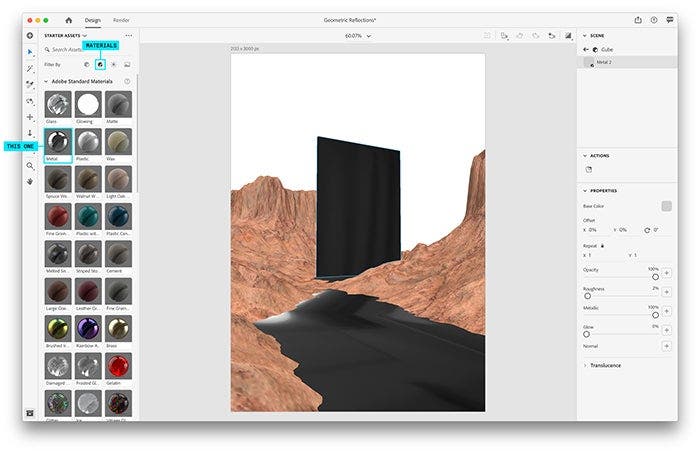 Adding a metal material to an object to create a reflection in Adobe Dimension.