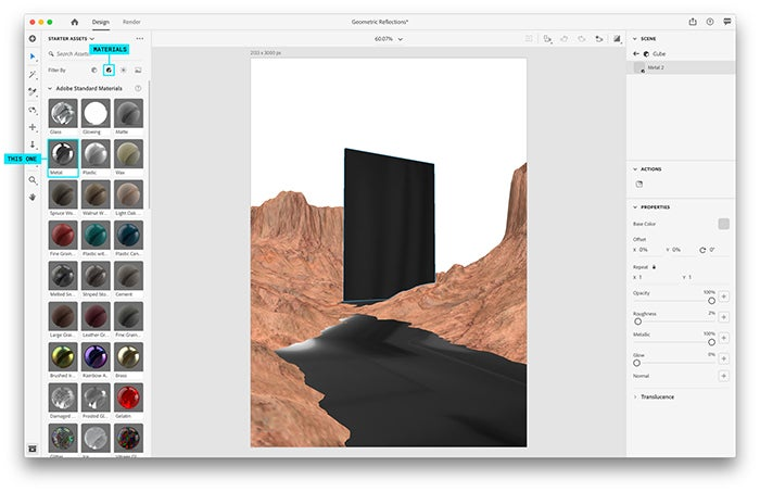 Adding a metal material to an object to create a reflection in Adobe Dimension.