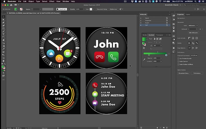 Refining the look of 4 smartwatch UIs inside Adobe Illustrator.