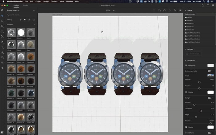 Switching between artboards from the Illustrator file to display different smartwatch UI screens in Adobe Dimension.