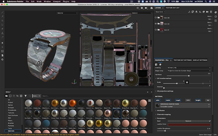 Switching between smartwatch strap texture layers in Substance Painter.