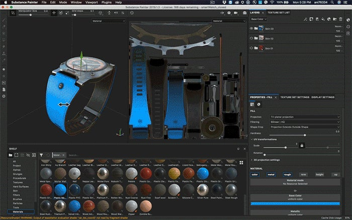 Applying a readymade 3D material to the watch strap in Substance Painter.