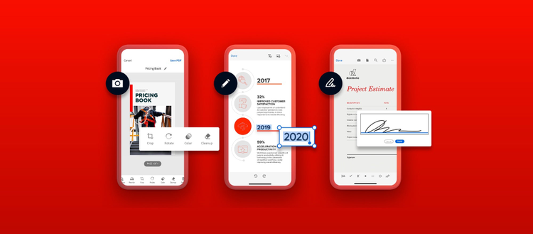 Red background with 3 mobile devices using Document Cloud