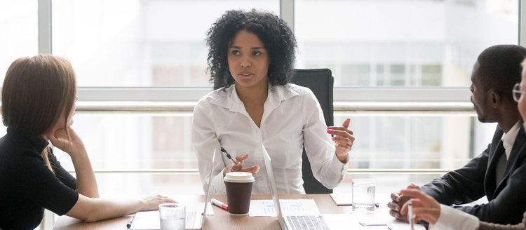 African business woman talking with staff at formal meeting , diverse client partners listens boss ceo team leader banner for website header design