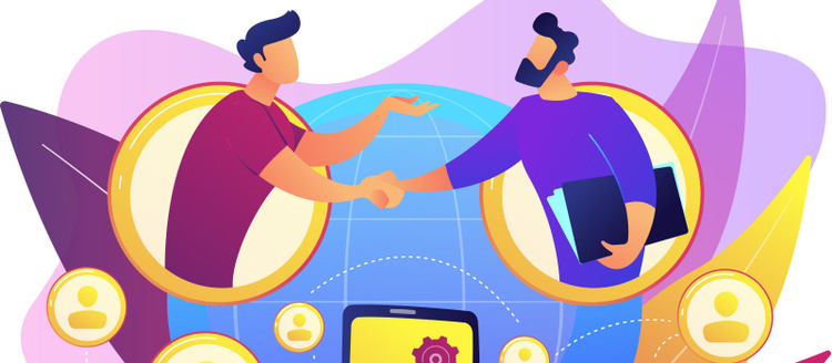 Vector image with 2 men shaking hands via technology.