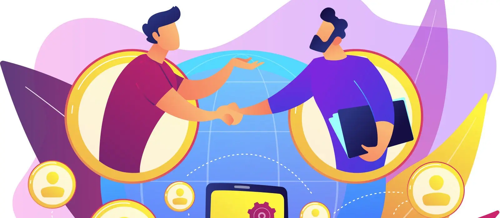 Vector image with 2 men shaking hands via technology.