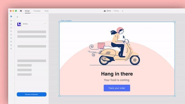 An Adobe XD prototype created with the Anima plugin is previewed in Safari.