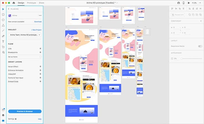 Anima app features are visible in the plugins panel for an Adobe XD prototype.