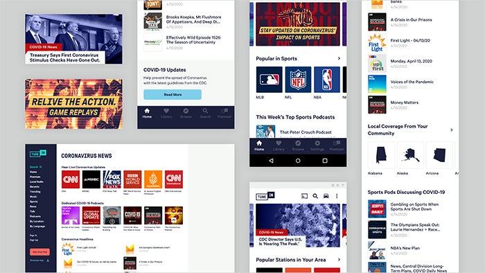 TuneIn's coronavirus coverage screens, prototyped in Adobe XD.