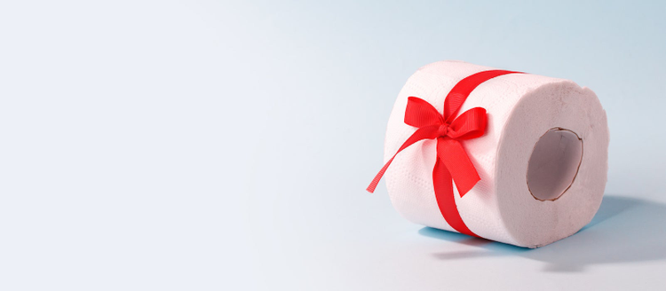 Roll of toilet paper wrapped in a gift bow.