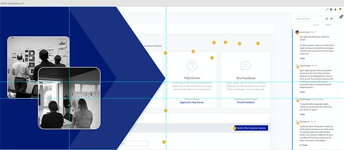 Penske's in-house design crits (left) are converted into a virtual space using Adobe XD (right).