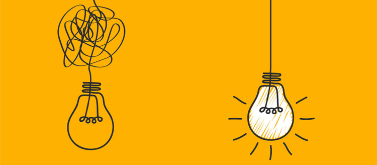 Yellow background image with line drawings of two lightbulbs